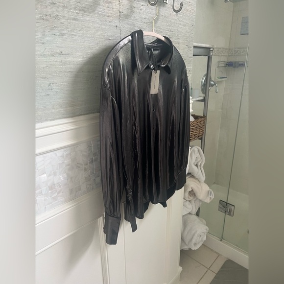 NWT new SP small petite Anthropologie shine button down shirt carbon gunmetal - Picture 8 of 17